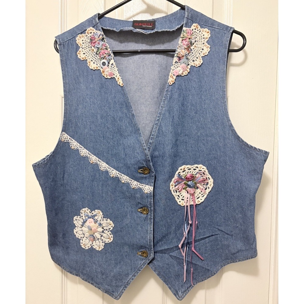 SunBelt Sports Womens Denim Embellished Vest Lace Embroidery Applique LG Vintage
